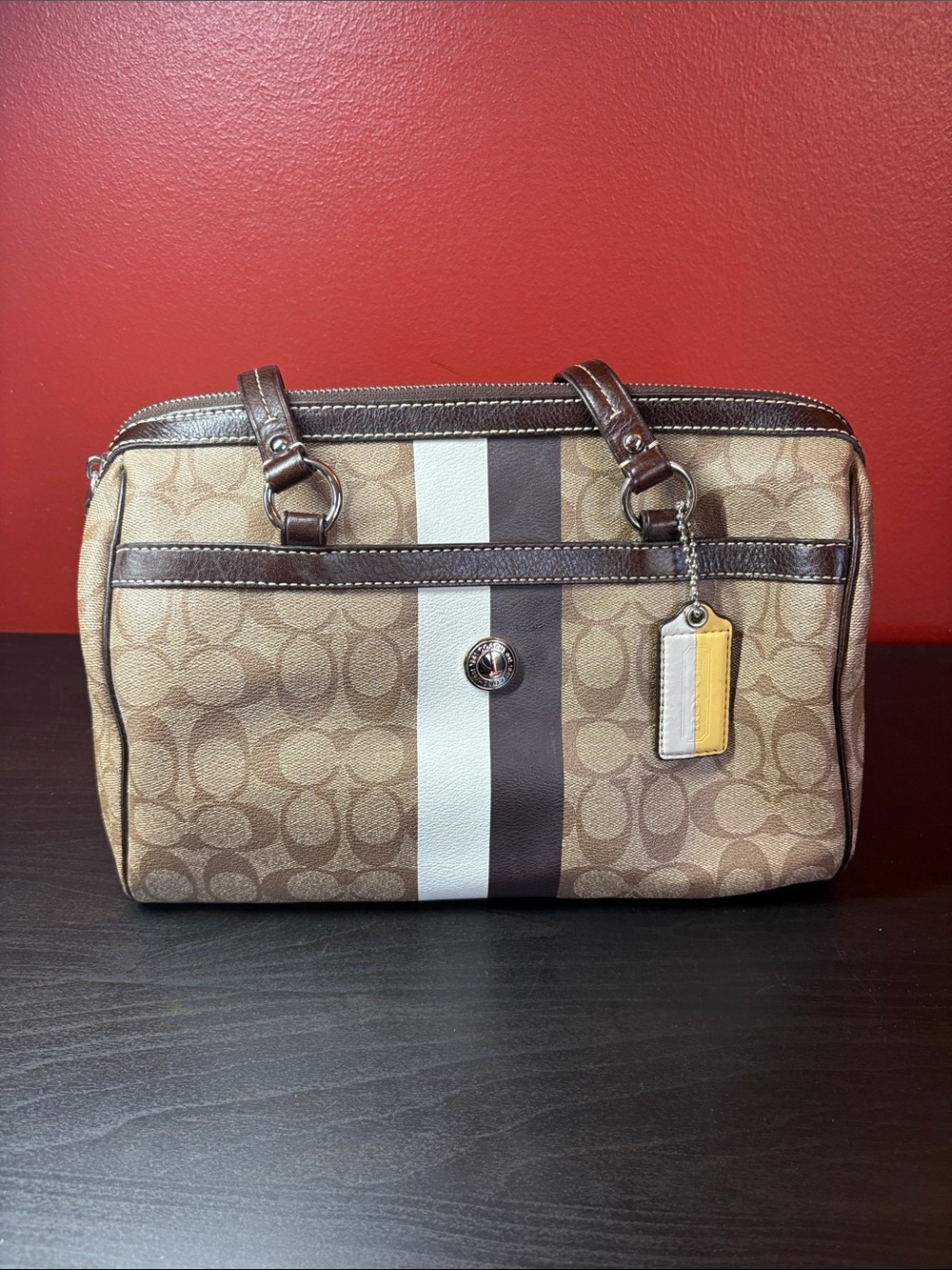 Coach Beige Signature Stripe Satchel with Brown and White Center Stripe
